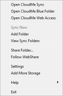 CloudMe Sync menu